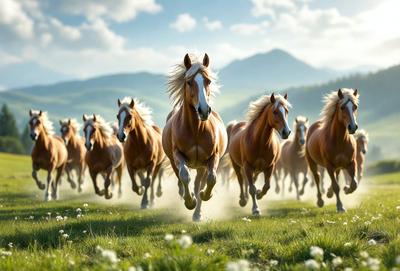 Primary subject: Horses
Setting/background: A grassy field with mountains in the background
Visual style: Photo
Colors and mood: The image is in color, with a lush green field and the horses' coats being brown. The overall atmosphere is lively and energetic, as the horses are running and galloping through the field.