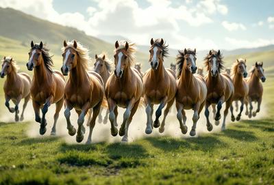 The primary subject of the image is a group of horses running through a grassy field. The setting is a lush green field, and the visual style is a photo. The horses are brown and white, and they are running in a line, creating a sense of motion and energy. The overall atmosphere is lively and dynamic, as the horses gallop through the field.