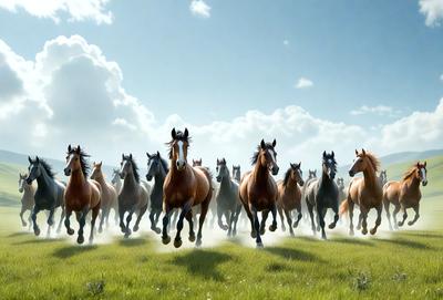 The primary subject of the image is a herd of horses running through a grassy field. The setting is a lush green field, and the visual style appears to be a photo. The horses are running in a line, creating a sense of motion and energy. The colors in the image are predominantly green, representing the grassy field, and the overall atmosphere is lively and dynamic.