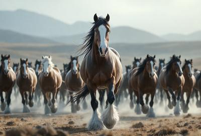 The primary subject of the image is a brown horse with a white face, running through a field. The horse is surrounded by a herd of horses, creating a dynamic and lively scene. The setting is a grassy field with mountains in the background, providing a picturesque and natural environment. The visual style of the image is a photo, capturing the horse and its surroundings in detail. The colors and mood of the image are warm and energetic, with the brown horse and the herd of horses creating a sense
