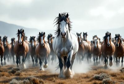 Primary subject: A white horse with black hair.

Setting/background: A field with mountains in the background.

Visual style: A photo of the horse.

Colors and mood: The horse is white, and the overall atmosphere is serene and majestic.