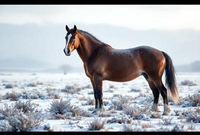 Primary subject: A brown horse standing in a snowy field.

Setting/background: The horse is standing in a snow-covered field, with mountains visible in the background.

Visual style: The image is a photo of the horse in the snowy field.

Colors and mood: The dominant colors are brown and white, with the snow adding a cold and serene atmosphere to the scene.