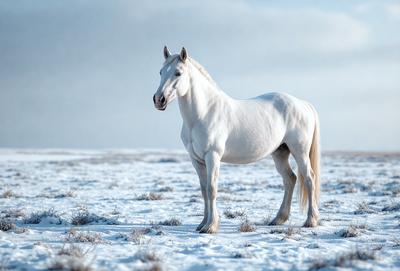 Primary subject: A white horse standing in a snowy field.

Setting/background: The horse is standing in a snow-covered field, with a sky background.

Visual style: The image is a photo of the white horse in the snowy field.

Colors and mood: The dominant colors are white and gray, with a cold and serene atmosphere.