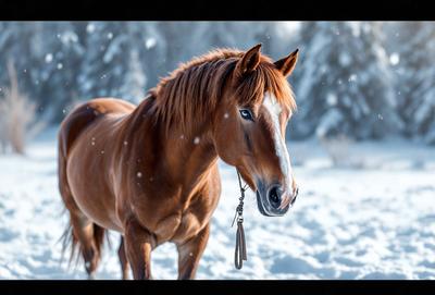 The primary subject of the image is a brown horse standing in the snow. The horse is the main focus of the image, and it appears to be looking at the camera. The setting is a snowy environment, with the horse standing on a snow-covered ground. The visual style of the image is a photo, capturing the horse in its natural surroundings. The colors in the image are predominantly white and brown, with the snow creating a cold and serene atmosphere.