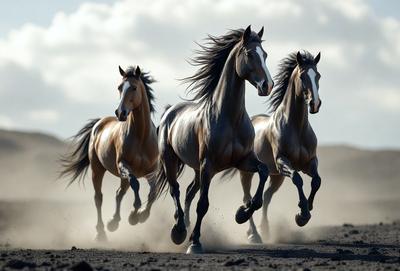 The primary subject of the image is a group of three horses running together on a dirt road. The setting is a dusty, open area with a cloudy sky in the background. The visual style is a photo, capturing the horses in motion. The colors and mood of the image are predominantly brown and dusty, creating a sense of motion and energy.
