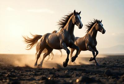 Primary subject: Two horses running on a beach.

Setting/background: The horses are running on a sandy beach, with the ocean in the background.

Visual style: The image is a photo of the two horses running on the beach.

Colors and mood: The colors in the image are predominantly shades of brown and white, with the ocean providing a blue and green backdrop. The overall atmosphere is energetic and dynamic, as the horses are in motion.