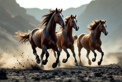 Primary subject: Four horses running on a dirt road.

Setting/background: The horses are running on a dirt road, with a mountainous background.

Visual style: The image is a photo of the horses in motion.

Colors and mood: The image has a sepia tone, giving it a vintage and nostalgic feel. The horses are running, creating a sense of energy and freedom.