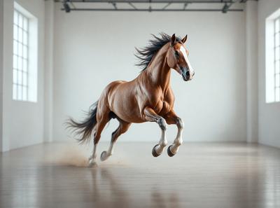 Primary subject: A brown horse with a black mane and tail, running on a wooden floor.

Setting/background: The horse is running in a large, open space, possibly a barn or a similar indoor area.

Visual style: The image is a photo of the horse in motion.

Colors and mood: The horse is brown, and the wooden floor adds a warm and natural tone to the scene. The overall atmosphere is energetic and dynamic, as the horse is captured in motion.