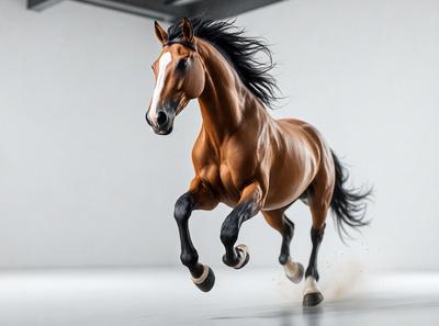 Primary subject: A brown horse with a white face, running on a white surface.

Setting/background: The horse is running on a white surface, which could be a white wall or a white floor.

Visual style: The image is a photo of the horse in motion.

Colors and mood: The dominant colors are brown and white, with the white surface adding a clean and bright atmosphere to the image.