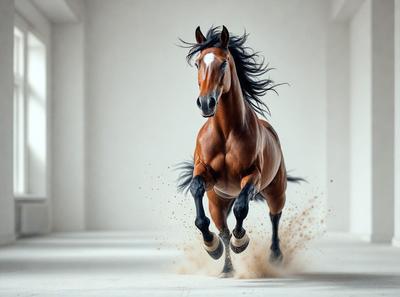 Primary subject: A brown horse with a black mane and tail, running in a white room.

Setting/background: The horse is running on a white surface, which could be a white room or a white background.

Visual style: The image is a digital art or illustration of the horse running.

Colors and mood: The dominant colors are brown and white, with the brown horse and white background creating a contrasting and dynamic scene. The overall atmosphere is energetic and dynamic, as the horse is