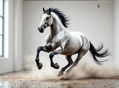 Primary subject: A white horse running on a dirt floor.

Setting/background: The horse is running in a large, open space, possibly a dirt field or a corral.

Visual style: The image is a digital art or illustration of the horse running.

Colors and mood: The image has a sepia tone, giving it a warm and nostalgic atmosphere.