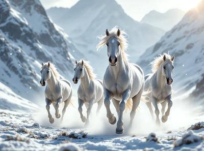 Primary subject: A group of white horses running through the snow.

Setting/background: The snowy mountains in the background.

Visual style: The image is a digital artwork.

Colors and mood: The image is predominantly white, with the snow and the horses' coats creating a serene and cold atmosphere.