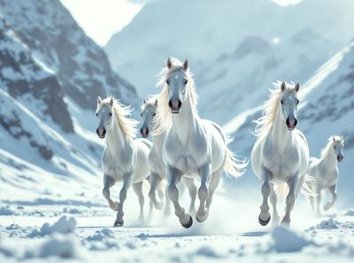 Primary subject: A group of white horses running through the snow.

Setting/background: The snowy mountains in the background.

Visual style: The image is a digital artwork.

Colors and mood: The image is predominantly white, with the snow and the horses' coats creating a serene and cold atmosphere.