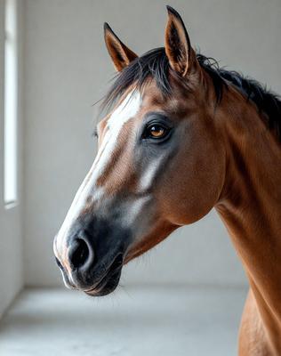 The primary subject of the image is a brown and white horse with a black mane. The horse is standing in a room with a window in the background. The visual style of the image is a photo, and the colors and mood are warm and inviting.