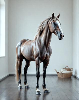 Primary subject: A brown horse standing in a room.

Setting/background: The horse is standing in a room with a white wall.

Visual style: The image is a photo of the horse.

Colors and mood: The horse is brown, and the overall atmosphere is calm and serene.