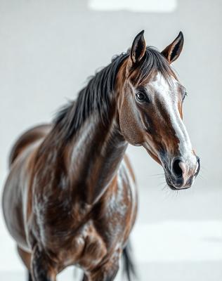 The primary subject of the image is a brown horse with a white face. The horse is standing in a white room, which serves as the setting for the scene. The visual style of the image is a photo, capturing the horse's features and the white room's background. The colors in the image are predominantly brown and white, creating a calm and serene atmosphere.