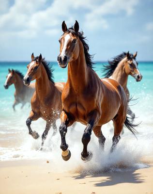 The primary subject of the image is a brown horse running on a beach. The setting is a beach with water and sand visible in the background. The visual style is a photo, capturing the horse in motion. The colors and mood of the image are dominated by the brown horse and the beach environment, creating a sense of freedom and natural beauty.