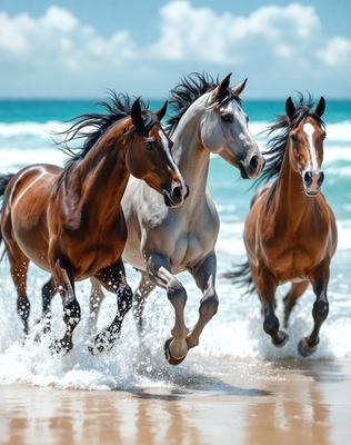 The primary subject of the image is a group of three horses running along the beach. The setting is a beach with the ocean in the background. The visual style is a photo of the horses in motion. The colors and mood of the image are vibrant and energetic, as the horses are running through the water and sand.