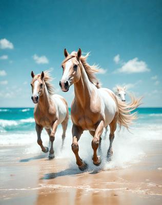 Primary subject: Two horses running on the beach.

Setting/background: The beach with the ocean in the background.

Visual style: The image is a photo of the two horses running on the beach.

Colors and mood: The image has a vibrant and energetic atmosphere, with the horses' movement and the beach's natural colors.