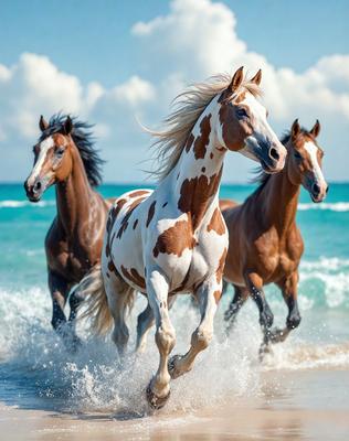 The primary subject of the image is a brown and white horse running on a beach. The setting is a beach with water and clouds in the background. The visual style is a photo of the horse in motion. The colors and mood of the image are vibrant and energetic, with the horse's movement and the beach's natural beauty creating a lively atmosphere.