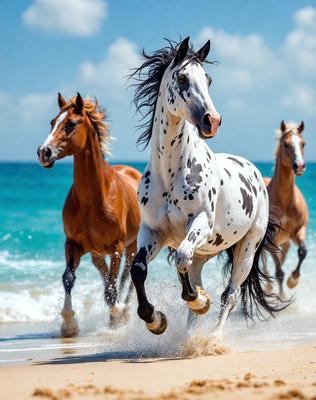 The primary subject of the image is a white and brown spotted horse running on a beach. The setting is a beach with a body of water in the background. The visual style is a photo of the horse in motion. The colors and mood of the image are vibrant and energetic, as the horse is captured in motion, creating a sense of freedom and excitement.