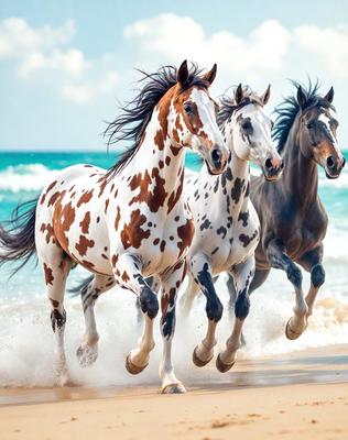 The primary subject of the image is a group of three horses running on a beach. The setting is a sandy beach with the ocean in the background. The visual style is a photo, capturing the horses in motion. The colors and mood of the image are vibrant and energetic, as the horses are running and the beach is bathed in sunlight.