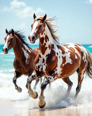 The primary subject of the image is a brown and white horse running on a beach. The setting is a beach with water and sand visible in the background. The visual style is a photo of the horse in motion. The colors and mood of the image are vibrant and energetic, as the horse is captured in motion, creating a dynamic and lively atmosphere.