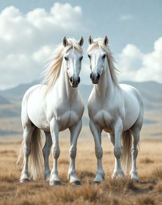 The primary subject of the image is two white horses standing next to each other in a grassy field. The setting is a mountainous area, with a cloudy sky in the background. The visual style is a photo, capturing the horses in their natural environment. The colors and mood of the image are predominantly neutral, with the white horses and the grassy field creating a serene and peaceful atmosphere.
