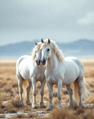 The primary subject of the image is two white horses standing next to each other in a field. The setting is a grassy plain with mountains in the background. The visual style is a photo, capturing the horses in their natural environment. The colors and mood of the image are predominantly neutral, with the horses' white coats and the grassy field creating a calm and serene atmosphere.
