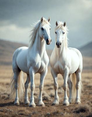 The primary subject of the image is two white horses standing next to each other in a field. The setting is a grassy area with mountains in the background. The visual style is a photo, capturing the horses in their natural environment. The colors and mood of the image are predominantly white, giving it a serene and peaceful atmosphere.