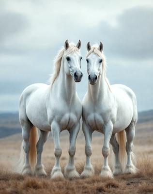 Primary subject: Two white horses standing next to each other.

Setting/background: A grassy field with mountains in the background.

Visual style: A photo of the two horses.

Colors and mood: The horses are white, and the overall atmosphere is calm and serene.