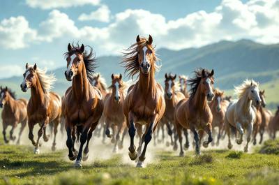 The primary subject of the image is a group of horses running through a grassy field. The setting is a mountainous area, with the horses galloping across the landscape. The visual style is a photo, capturing the horses in motion. The colors and mood of the image are vibrant and energetic, as the horses are in motion and the grassy field is lush and green.