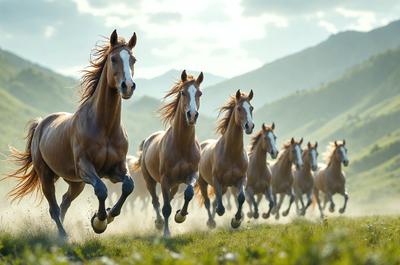 The primary subject of the image is a group of horses running through a grassy field. The setting is a mountainous area, with the horses galloping across the landscape. The visual style is a photo, capturing the horses in motion. The colors and mood of the image are vibrant and energetic, as the horses are in motion and the grassy field is lush and green.