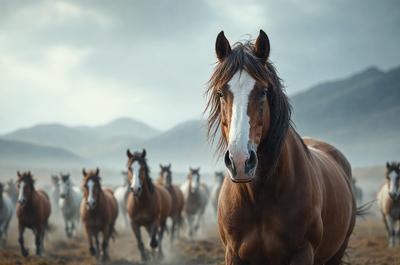The primary subject of the image is a brown horse with a white face, standing in a field. The horse appears to be looking at the camera, and it is surrounded by a herd of horses. The setting is a grassy field with mountains in the background, creating a picturesque and natural environment. The visual style of the image is a photo, capturing the beauty and majesty of the horse and its surroundings. The colors and mood of the image are warm and serene, with the brown horse and the green grass