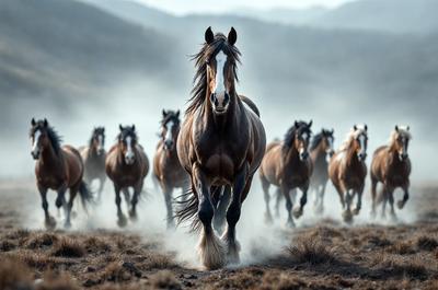 Primary subject: A brown horse with a white stripe on its face.

Setting/background: A mountainous area with a dusty trail.

Visual style: A photo of the horse in motion.

Colors and mood: The image is in black and white, giving it a classic and timeless feel.