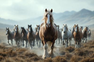 The primary subject of the image is a brown horse with a white face, standing in a field. The horse appears to be walking through the field, surrounded by a herd of other horses. The setting is a grassy field with mountains in the background, creating a picturesque and natural environment. The visual style of the image is a photo, capturing the beauty and movement of the horse and its surroundings. The colors in the image are predominantly earthy tones, such as brown, green, and yellow, which contribute