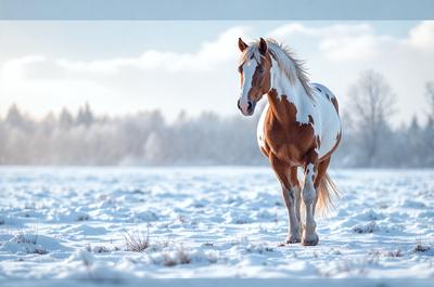 Primary subject: A brown and white horse standing in the snow.

Setting/background: The horse is standing in a snow-covered field.

Visual style: The image is a photo of the horse in the snow.

Colors and mood: The dominant colors are white and brown, with a cold and wintry atmosphere.