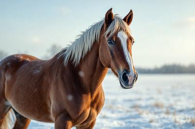 The primary subject of the image is a brown horse with a white stripe on its face. The horse is standing in a snowy field, which serves as the setting for the scene. The visual style of the image is a photo, capturing the horse in its natural environment. The colors in the image are predominantly brown and white, creating a calm and serene atmosphere.