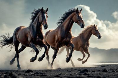 Primary subject: Three horses running on a beach.

Setting/background: The horses are running on a sandy beach, with a cloudy sky in the background.

Visual style: The image is a photo of the horses running on the beach.

Colors and mood: The dominant colors are brown and black, with a slightly moody atmosphere due to the cloudy sky.