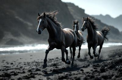 Primary subject: A group of horses running on a beach.

Setting/background: The beach is covered in black sand, and there are mountains in the background.

Visual style: The image is a black and white photo.

Colors and mood: The black and white photo creates a dramatic and moody atmosphere, emphasizing the contrast between the horses and the sandy beach.