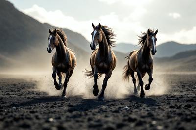 Primary subject: Three horses running on a dirt road.

Setting/background: A mountainous landscape with a dirt road.

Visual style: A photo of the three horses running.

Colors and mood: The image is in black and white, giving it a classic and timeless feel. The horses' manes are blowing in the wind, adding a sense of motion and energy to the scene.