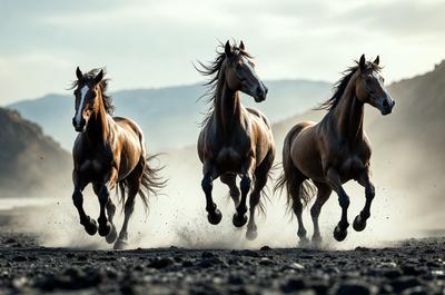 Primary subject: Four horses running in a field.

Setting/background: The horses are running on a dirt field, with mountains visible in the background.

Visual style: The image is a photo of the horses in motion.

Colors and mood: The image has a sepia tone, giving it a vintage and nostalgic feel. The horses are running with their manes flying, creating a sense of freedom and energy.