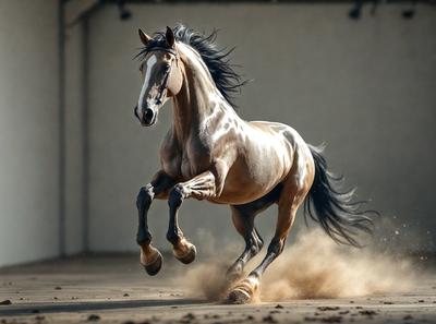 Primary subject: A brown horse with a black mane and tail, running on a dirt ground.

Setting/background: The horse is running in a dirt area, possibly a corral or a field.

Visual style: The image is a photo of the horse in motion.

Colors and mood: The horse is brown, and the overall atmosphere is energetic and dynamic.