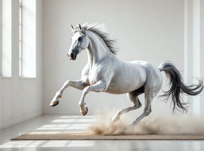 Primary subject: A white horse running in a white room.

Setting/background: The horse is running on a carpeted floor in a white room.

Visual style: The image is a digital art or illustration of a horse running.

Colors and mood: The image is predominantly white, giving it a clean and minimalist appearance. The horse's white fur and the white room create a sense of purity and elegance.