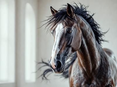 The primary subject of the image is a horse with a black mane and white face. The horse is standing in a room with a white wall, and its mane is blowing in the wind. The visual style of the image is a photo, and the colors and mood are predominantly black and white, giving the scene a classic and timeless feel.