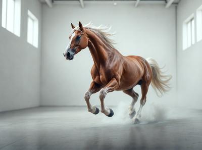 Primary subject: A brown horse with a white face, running in a white room.

Setting/background: The horse is running in a white room, which appears to be a warehouse or a large indoor space.

Visual style: The image is a photo of the horse in action.

Colors and mood: The dominant colors are white and brown, with the white room creating a clean and minimalist atmosphere. The horse's movement and the white room's emptiness evoke a sense of