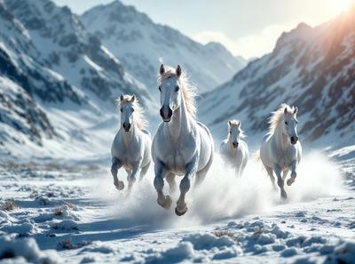 Primary subject: A group of white horses running through the snow.

Setting/background: The scene takes place in a snowy mountain range, with the horses running through the snow-covered terrain.

Visual style: The image is a photo of the horses running in the snow.

Colors and mood: The dominant colors are white and gray, with the snow creating a cold and serene atmosphere.