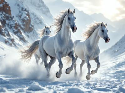 Primary subject: Three white horses running in the snow.

Setting/background: A snowy mountain range serves as the backdrop for the scene.

Visual style: The image is a photo of the three horses running in the snow.

Colors and mood: The dominant colors are white and gray, with the snow creating a cold and serene atmosphere.