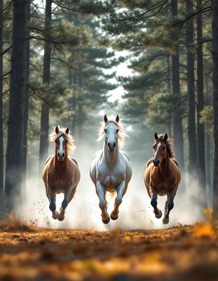 Primary subject: Three horses running through a forest.

Setting/background: The forest is filled with trees, creating a natural and serene environment.

Visual style: The image is a photo of the three horses running through the forest.

Colors and mood: The colors in the image are predominantly brown and green, with the horses' white coats contrasting against the forest backdrop. The overall atmosphere is energetic and dynamic, as the horses are captured in motion.