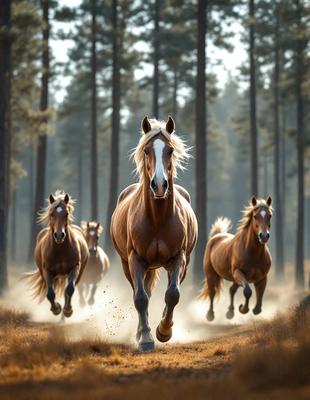 Primary subject: A brown horse with blonde hair running through a forest.

Setting/background: The horse is running through a forest with trees in the background.

Visual style: The image is a photo of the horse running through the forest.

Colors and mood: The dominant colors are brown and green, with a natural and lively atmosphere.